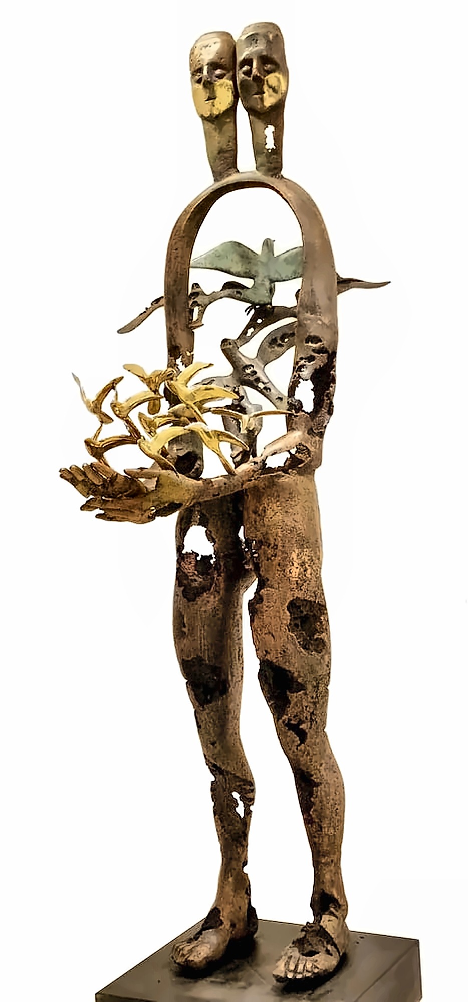 The same work from the front, the gilded birds spilling forward out of the cupped hands.